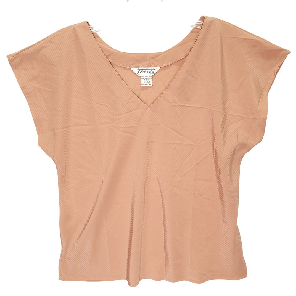 Cristinas Womens V-Neck Dolman Sleeve Blouse Peach Tan Textured Stripe Large